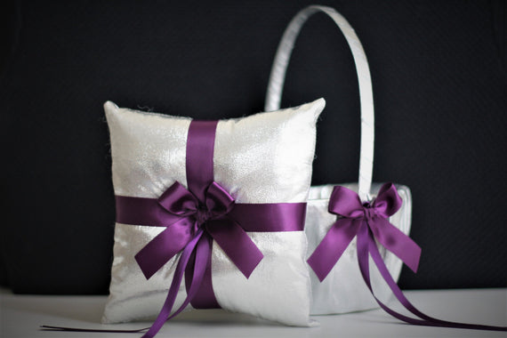 Silver Ring bearer Pillow, Plum Flower Girl Basket, Plum Wedding Basket, Plum Wedding Pillow, Plum Ring Holder, Silver pillow basket set