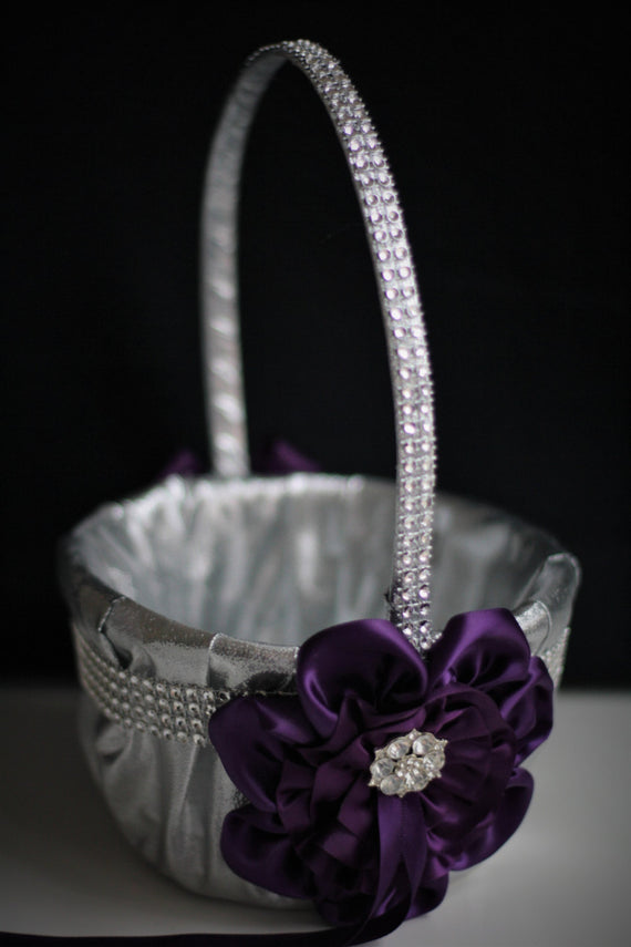 Plum Wedding Basket \ Plum Silver Wedding Ring Bearer Pillow \ Plum Silver Bearer \ Plum Silver Basket \ Plum Wedding Pillow Basket Set