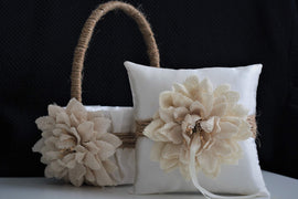 Rustic wedding Flower Girl Basket / Rustic Ring Bearer Pillow / Burlap Flower Basket / Burlap Ring Pillow / Rustic Wedding Basket Pillow Set