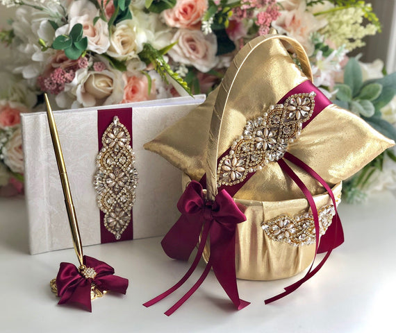 Gold Flower Girl Basket & Ring Bearer Pillow Burgundy Wedding Flower Basket Marsala Ring Pillow Gold Wedding Basket Gold Guest Book and Pen