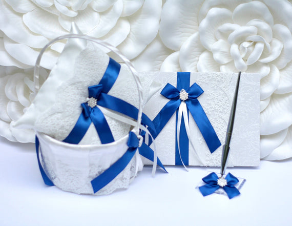 Royal Blue Flower Girl Basket and Ring Bearer Pillow Set, Wedding Guest Book with Pen, Wedding Accessories Set, Royal Blue Wedding Basket