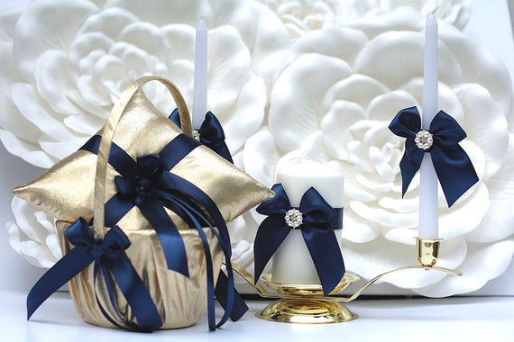 Flower Girl Basket and Ring Bearer Pillow Set Gold Navy Wedding Basket, Gold Ring Pillow, Nautical Wedding Decor, Gold Unity Candle Set