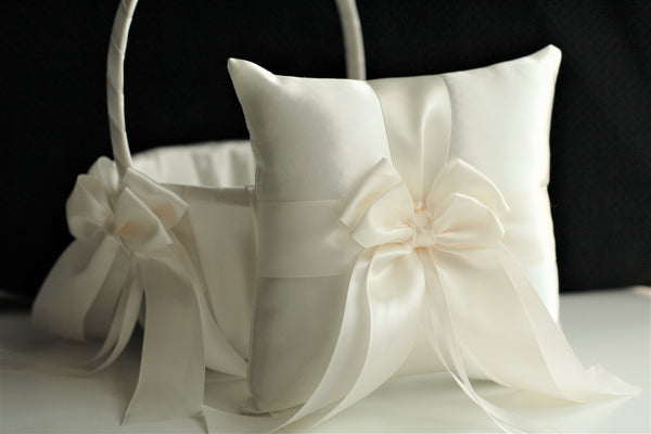 Light Ivory Flower Girl Basket and Ring Bearer Pillow Set