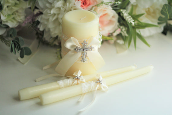 Ivory Unity Candle Set, Wedding Ceremony Unity Candles with Cross