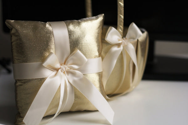 Gold Ring Holder, Gold Ring Bearer Pillow, Gold Flower Girl Basket, Flower Girl Gift, Ring Bearer Gift, Gold Wedding Basket Pillow Set