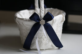 Navy Wedding Baskets with Lace, Navy Flower Girl Basket, Lace Wedding Basket, Blue Wedding Basket, Navy Blue Basket, Navy Petals Basket