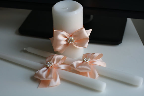 Peach Unity Candle, Wedding Unity Candle, Peach Wedding Candle Set, Unity Ceremony candles, Unity candles for wedding, Stick Pillar candle