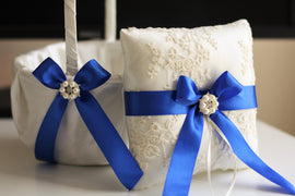 Royal Blue Wedding Ring Holder\ Blue Wedding Basket, Blue Ring Bearer Pillow with Lace, Blue Flower Girl Basket, Blue Lace Pillow Basket Set