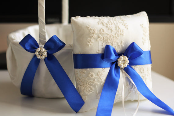 Royal Blue Wedding Ring Holder\ Blue Wedding Basket, Blue Ring Bearer Pillow with Lace, Blue Flower Girl Basket, Blue Lace Pillow Basket Set