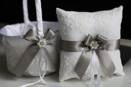 Gray Bearer Pillow & Lace Wedding Basket, off-white Gray wedding Flower Girl Basket + Ring Bearer Pillow, Gray Lace Bearer pillow basket set