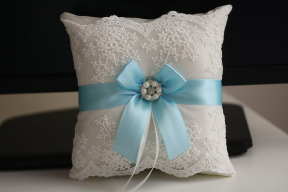 Sky Blue Wedding Pillow \ Light Blue Ring Bearer Pillow \ Blue Flower Girl Basket \ Lace Blue Bearer Pillow \ Lace Wedding Pillow Basket Set