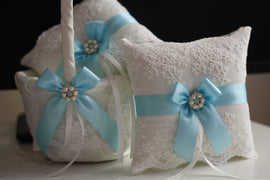 Sky Blue Wedding Pillow Basket Set \ Blue Flower Girl Basket \ Blue Ring Bearer Pillow \ Lace Ring Holder \ Sky Blue Bearer, Sky Blue Basket