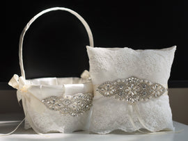 Ivory Flower girl basket & jewel ring bearer pillow \ Ivory Wedding basket pillow set \ Brooch bearer + wedding sash belt \ Brooch basket