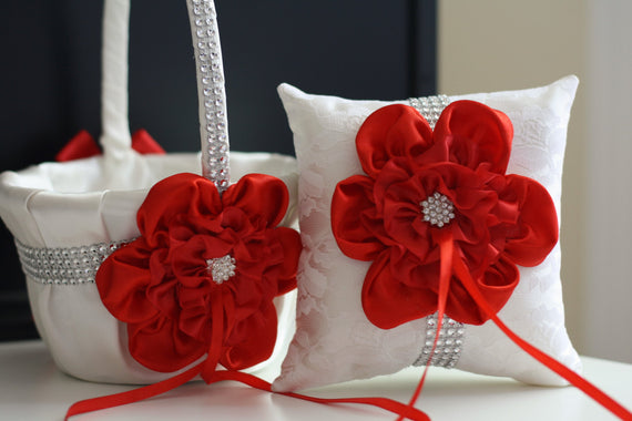 White Red Bearer Basket Set \ Red Flower Girl Basket \ Red wedding Pillow, Red Ring bearer Pillow, Red Pillow Basket Set, Red Petals Basket