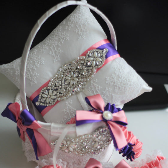 Wedding Flower girl basket and ring bearer pillow set Coral and Purple with rhinestones + wedding Bridal sash belt + Coral Bridal Garter Set