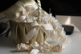 Gold Wedding Pillow + Gold Flower Girl Basket Bridal Garter Set Gold Wedding Basket Gold Ring Pillow Lace Wedding Garters Gold bearer pillow