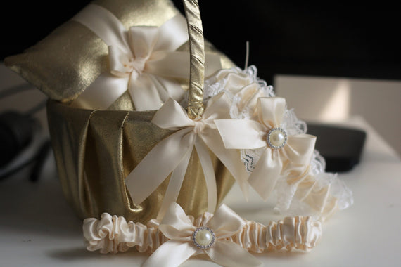 Gold Wedding Pillow + Gold Flower Girl Basket Bridal Garter Set Gold Wedding Basket Gold Ring Pillow Lace Wedding Garters Gold bearer pillow