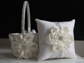Ivory Wedding Basket / Ivory Ring Pillow / Ivory Ring Bearer Pillow / Ivory flower Girl Basket / Ivory Silver Bearer / Lace Wedding Pillow