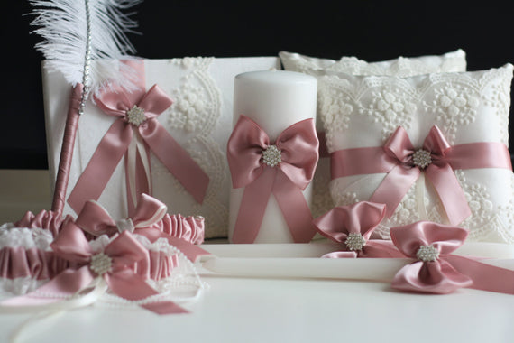Mauve Ring Bearer Pillow / Wedding Guest Book and Pen / Bridal Garter Set / Wedding Unity candles / Mauve Lace Bearer / Mauve wedding basket