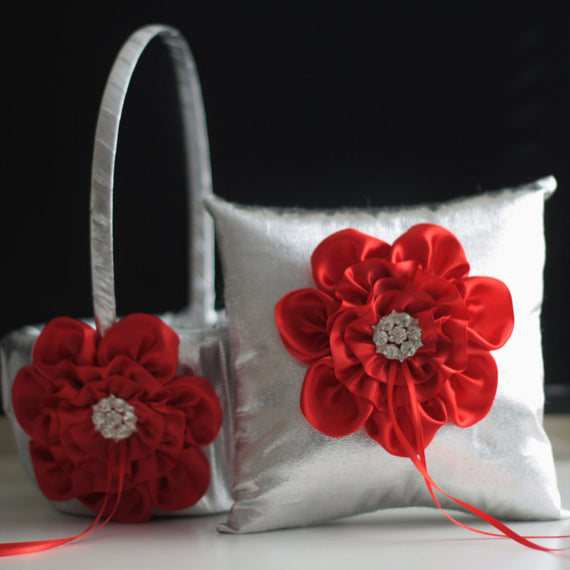 Red Flower Girl Basket \ Red Ring Bearer Pillow \ Red Wedding Basket \ Silver Wedding Pillow \ Silver Basket Pillow Set \ Silver Ring Holder