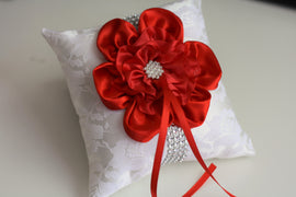 Red Wedding Pillow Basket Accessories Set \ Off white Red Flower Girl Basket & Ring bearer Pillow \ Red Wedding Pillow Basket Set