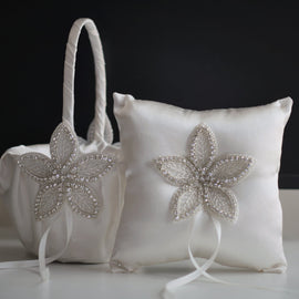 Off white wedding baskets / jewel ring bearer pillow / ivory flower girl basket / jewel wedding pillow / Ivory jewel baskets for petals