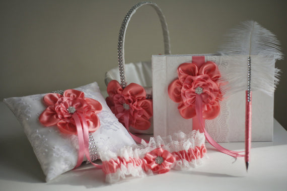 Coral Flower Girl Basket \ Coral Ring Bearer Pillow \ Coral Bridal Garter \ Coral Guest Book with Pen \ Coral Wedding Pillow Basket Set