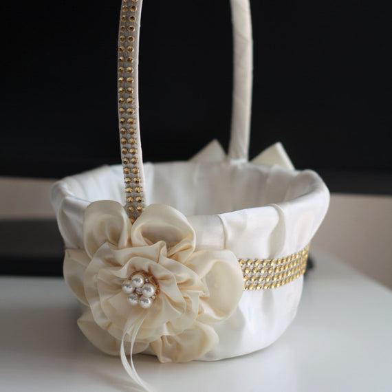 Ivory flower girl basket \ Ivory gold wedding basket \ gold wedding ceremony basket \ ivory petals basket \ Ivory Gold pillow basket set
