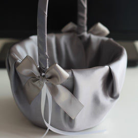 Gray Satin flower girl basket & ring bearer pillow set \ Gray wedding flower basket + wedding ring pillow set \ Gray pillow basket set