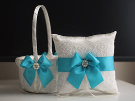 Turquoise Basket / Turquoise Bearer Pillow / Blue Ring Pillow / Turquoise Flower Girl Basket / Blue Garters / Turquoise Pillow Basket Set