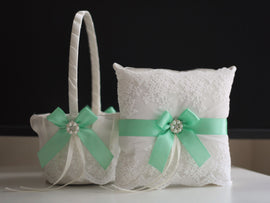 Mint Wedding Flower Girl Basket + Ring Bearer Pillow \ Lace green Wedding Ring Holder + Petals Wedding Basket Set with Light green Bows