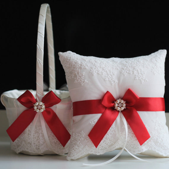 Red Ring Bearer Pillow \ Red Flower Girl Basket \ Red Wedding Pillow \ Red Wedding Basket Pillow Set \ Wedding Ring Pillow  Red Ring Cushion