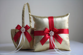 Gold Red Bearer / Red Flower Girl Basket / Red Ring Bearer Pillow / Red Wedding Basket / Gatsby Wedding Ring Pillow Basket Set / Gold Bearer