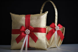 Red Ring Bearer Pillow \ Gold Flower girl Basket \ Red Wedding Pillow, Red Wedding Basket pillow set, Gold Red Wedding Bearer \ Ring Holder