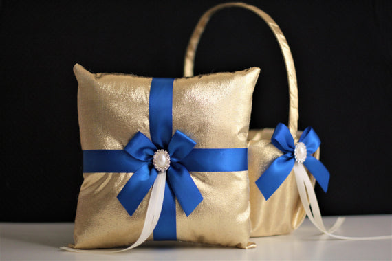 Royal Blue Wedding Basket + Ring Bearer Pillow Set \ Gold Blue Flower Girl Basket Pillow Set \ Gatsby Wedding \ Royal Blue Wedding pillow