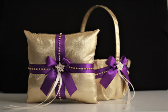 Purple Gold Bearer Pillow / Purple Flower Girl Basket / Purple Ring Bearer Pillow / Purple Gold Wedding Basket Purple Gold Pillow Basket Set