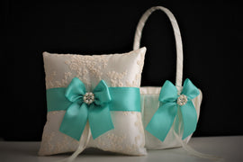 Mint Flower Girl Basket \ Mint Wedding Ring Bearer \ Mint Wedding Bearer Pillow \ Mint Wedding Basket Pillow Set \ Mint Lace Bearer Pillow