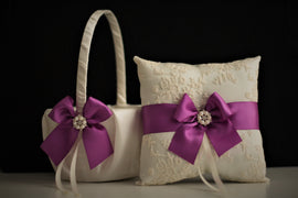 Purple Ring Bearer Pillow and Basket, Purple Flower Girl Set, Flower Girl Basket, Ivory Lace Bearer, Pillow for rings, Purple wedding basket