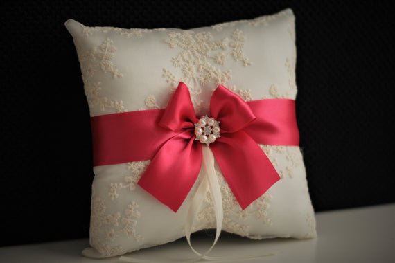 Fuchsia Ring Bearer Pillow \ Dark Pink Ring Pillow \ Fuchsia Flower Girl Basket \ Lace Wedding Bearer \ Pink Wedding Basket Pillow Set
