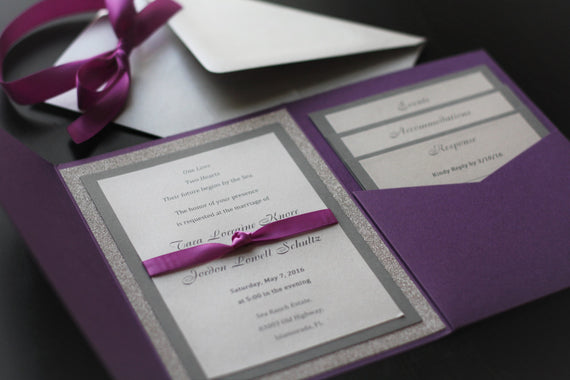 Purple Wedding Invitations / Pocket Fold invites / Glitter silver invites / Purple invitations / RSVP Insert cards / Personalized Invites