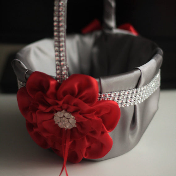Red Flower Girl Basket \ red Ring Bearer Pillow \ Gray red Wedding Basket \ Wedding Ring Pillow, Gray Red Bearer, Gray Red basket pillow set