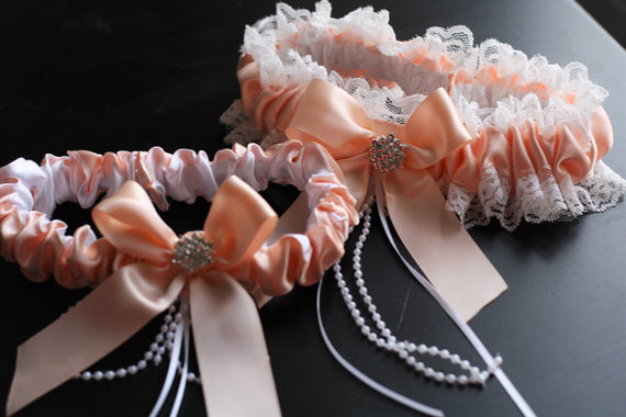 Ivory Peach Bridal Garter Set \ Ivory Lace Wedding Garter Set \ Peach Toss Garter & Keepsake Garter \ Lace Bridal Garters, Peach Prom Garter