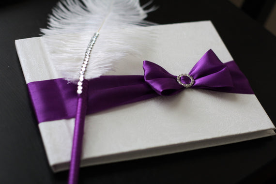 Purple Wedding Guest Book with Pen \ Custom Made in Purple Violet color with Handmade Bow \ Purple Ostrich Feather Pen \ Custom Ribbon Color