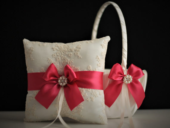 Hot pink Wedding Basket and Ring Bearer Set \ Raspberry Pink Flower Girl Basket and Wedding Ring Pillow \ Hot Pink Pillow Basket Set