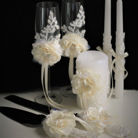 Ivory Wedding Cake Serving Set + Lace Unity Candles and Champagne Glasses with Flower \ Cake Cutting Set + Ceremony Candles + Wedding Flutes