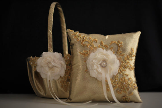 Gold Wedding Pillows \ Gold Wedding Baskets with Lace \ Gold Lace Bearer Pillow \ Lace Wedding Basket \ Gold Flower Girl Basket Pillow Set