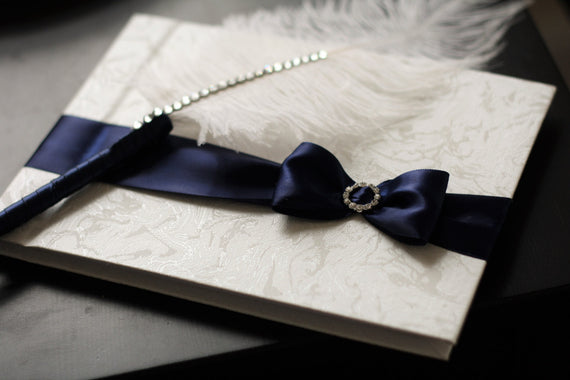 Navy Wedding Guest Book + Ostrich Feather Pen \ Navy Sign in Book with Pen \ Baby Shower Book \ Navy Guest book with pen \ Navy Wishes book