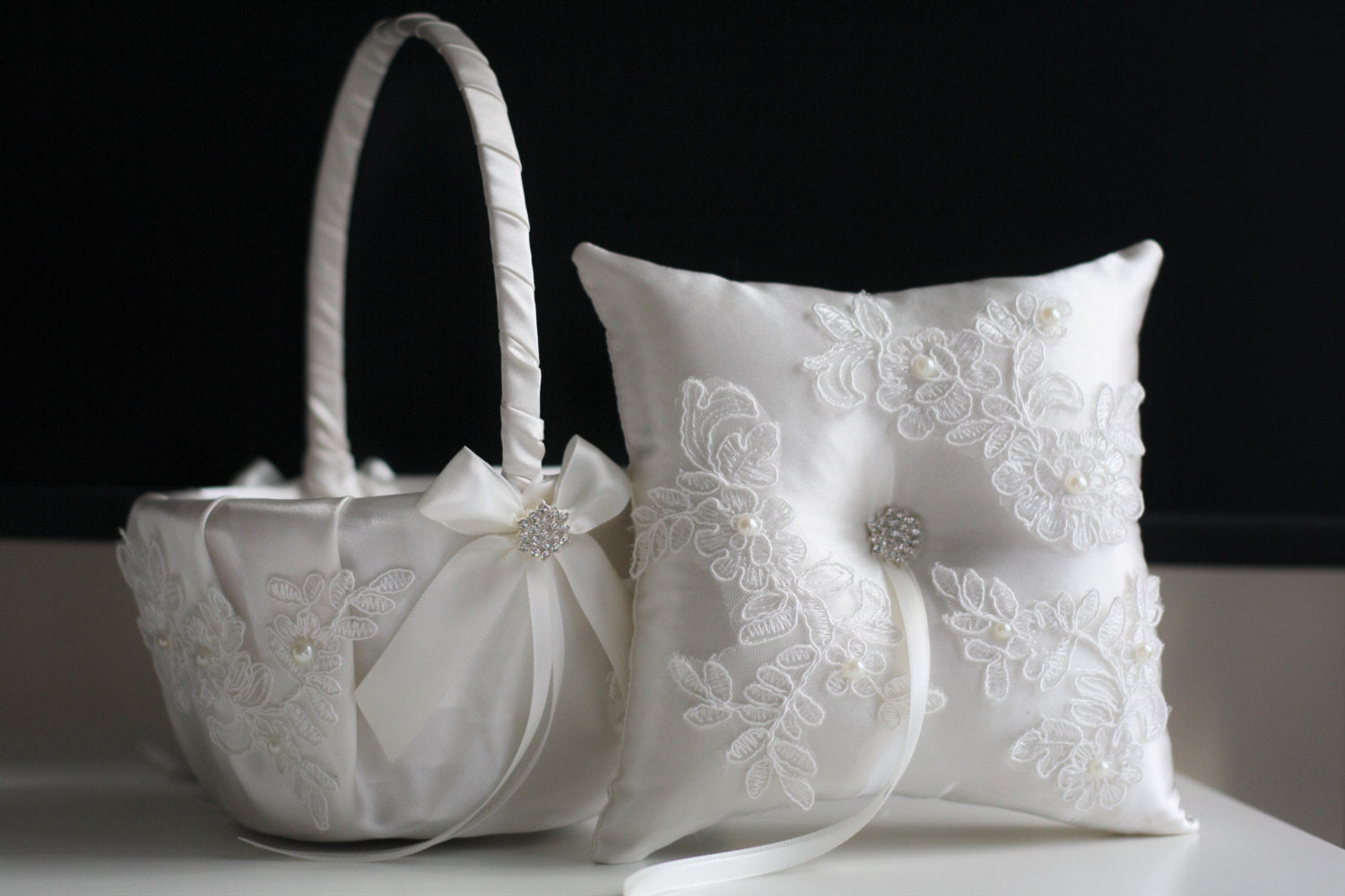 White Flower Girl Basket and Ring Bearer Pillow Wedding Set Alex Emotions