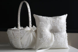 Flower Girl Baskets / White Ring Pillow for Rings / Flower Ring Holder / Wedding Baskets / White Basket