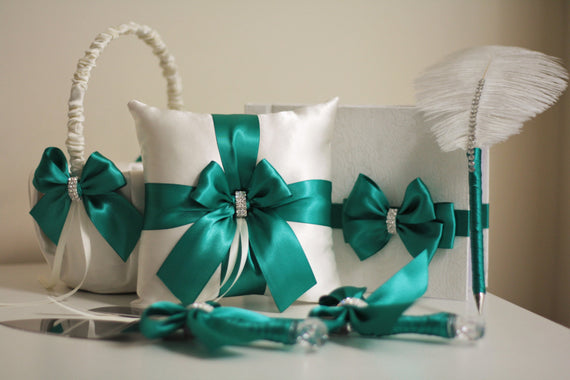 Green Ring Bearer Pillow \ Emerald Flower Girl Basket \ Emerald Wedding Pillow \ Green Wedding Basket \ Green Guest book \ Green Cake Server